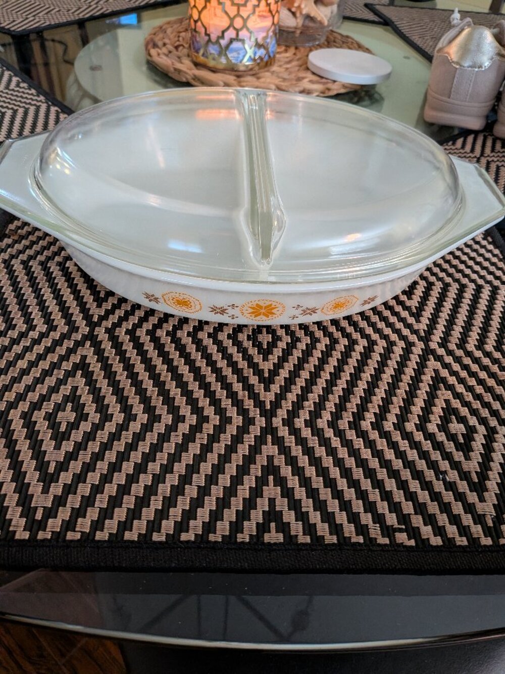 Vintage Pyrex Town & Country 1.5 Qt Divided Casserole Dish with Glass Lid
